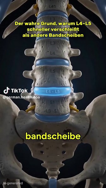 Der wahre Grund, warum L4–L5 schneller verschleißt als andere Bandscheiben Sehen Sie, warum L4–L5 die größte Belastung trägt und schneller verschleißt, was zu Bandscheibenvorwölbungen und Nervenreizungen führen kann. #l4l5 #rückenschmerzen #bandscheibenvorfall #wirbelsäule #medizinischeanimation