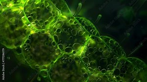 A microscopic view of a chloroplast of a plant undergoing photosynthesis. The thylakoids are filled with tiny bubbles known as grana . AI generation.