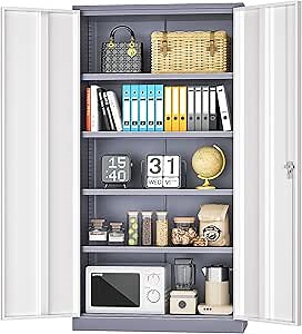 INTERGREAT Metal Garage Storage Cabinet, Black Lockable File Cabinet with 2 Doors and 4 Adjustable Shelves, Tall Steel Tool Cabinets for Office, Home, Garage, School, Gym