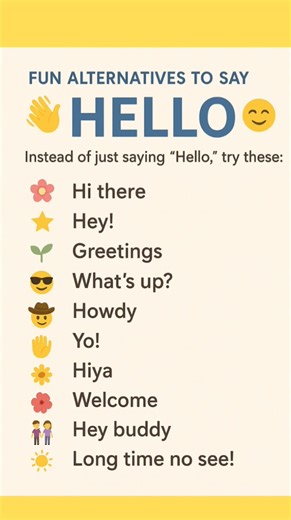 1K views | ✨ “Fun Alternatives to Say Hello” ✨ Instead of just saying Hello, try these: Hi there  Hey!  Greetings  What’s up?  Howdy 鸞 Yo!  Hiya  Welcome  Hey buddy  Long time no see!  | English Learning | Facebook