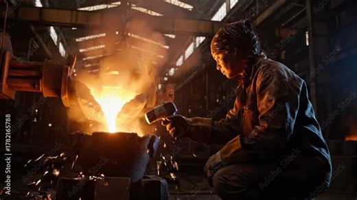 Worker casting molten steel at furnace. Foundry shows industrial manufacturing production with machinery. Worker operates ladle and hammer near crucible. This emphasizes skill safety and high heat.