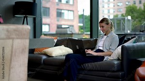Skilled young woman completed successfully creating project during remotely work at laptop computer using home wireless internet connection.Freelancer relaxing after finishing of updating of website