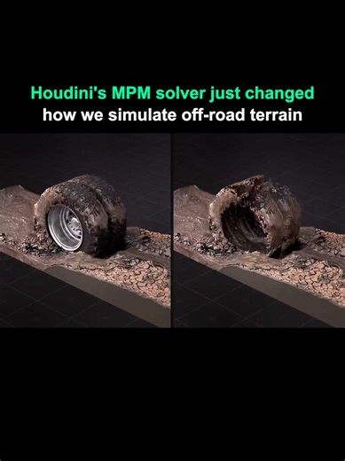 Houdini's MPM solver just made dirt physics look this good. Sergei Sukhorukov has been experimenting with it to simulate how a tire's contact patch interacts with soil, capturing displacement and compression in real time with a level of fidelity that's rarely seen in procedural automotive VFX. For anyone working on vehicle dynamics or environment interaction in CG, this kind of tool opens up a lot of possibilities. MPM (Material Point Method) is exceptionally well-suited for granular materials l