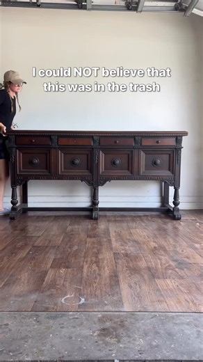 Erin Shuford • DIY Furniture Flips • MCM Refinishing on Instagram: "The fact that this was headed to the landfill is insane. When I was finished it sold for $1,895 🤯 Would you pick this up from the trash or leave it there? Comment the word “LINK” for a list of everything I used to refinish this beauty!"
