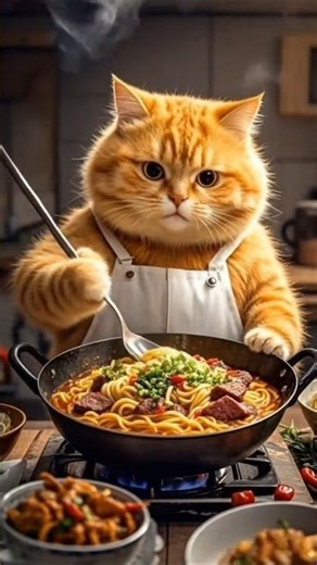 Chef Cat Cooking Noodles! 😺🍜 #cat #shorts #meow #ai