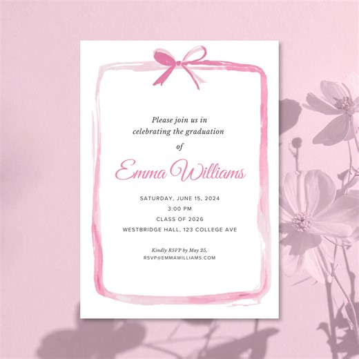Editable Pink Ribbon Graduation Invitation 2026 Canva Template Printable Pink Bow Graduation Party Invitation Instant Download - Etsy