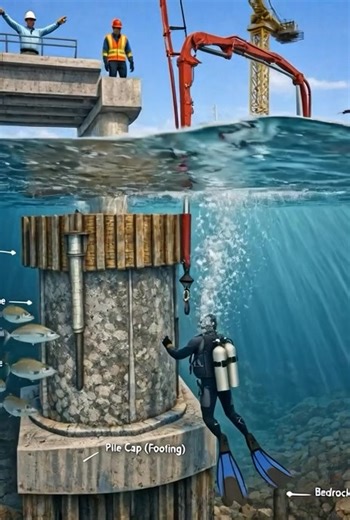 ❓ How are marine bridge foundations constructed in the middle of the sea, and how is concrete poured underwater (Tremie Method) while ensuring the stability of the footings and the quality of the concrete despite waves and currents? 🌊🏗️ | Bom Pedreiro