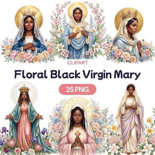 Floral Black Virgin Mary Clipart, Watercolor African American Blessed Mother PNG, Catholic Religious Graphic, Madonna Art, Christian Faith - Etsy