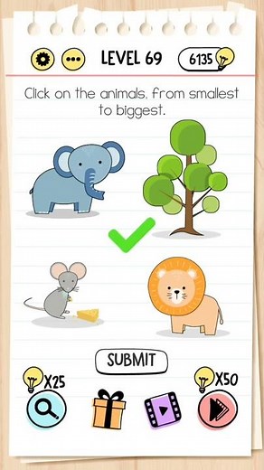 Brain test level 69 clicking animals from small to big