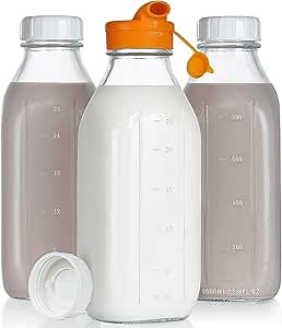32 oz Empty Glass Milk Bottles with Silicone Dispenser Cap, Clear Water Bottles with Leak Proof Lid and Scale Mark, Reusable Glass Jars for Juice, Milk, Iced Tea, Set of 3