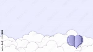 Animated background with hot air balloon shape heart. Sky with clouds in a paper cut style. Romantic love animated background. Romantic looped animation