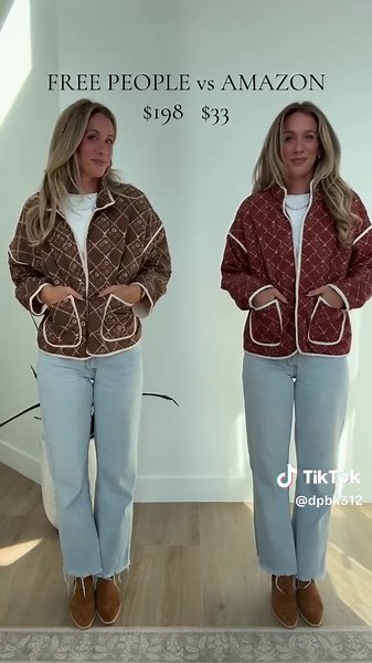“Patterned jacket” for all items \\n\\nFree People vs Amazon. The Chloe jacket from free people comes in so many cute patterns and amazon has almost all of the same ones. The fabric on the amazon jacket is different, more like a light weight puffer and the free people jacket feels more like a quilt. The free people jacket is wider and vey boxy around the shoulders which I do not love. This is one of my favorite amazon jackets and I have it in five patterns! I am wearing a small in the free peopl