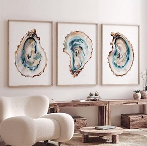 3 Pieces Watercolor Coastal Oyster Shells Poster Sea Life Shellfish Oyster Cross Section Prints Wall Art Canvas Painting Framed Artwork for Kitchen Dining Room Beach House Decoration