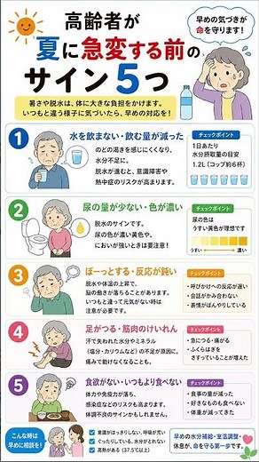高齢者の夏の急変サインを早めに確認。脱水や熱中症を防ぐ一歩に。#高齢者ケア #熱中症予防 #脱水予防 #介護 #健康管理