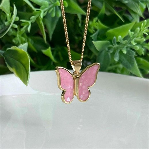 Pink Abalone Shell Butterfly Pendant on 14K Gold Filled Curb or Box Chain Necklace; Shell Butterfly Necklace, Pink Butterfly Necklace - Etsy