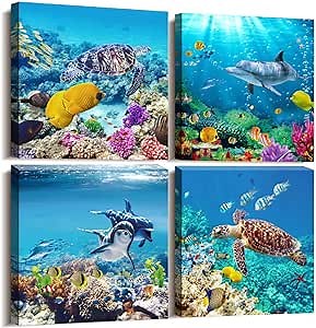 Canvas Wall Art for Living Room- family Bedroom Canvas Pictures Artwork Bathroom Wall Decor- 4 Panels Coral and Sea Fish and Turtles Ocean Theme Stretched and Framed Ready to Hang Modern Home Decor