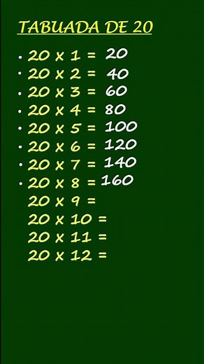 Multiplication table of 20