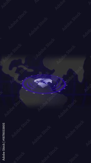 Dark Futuristic Digital Globe with Purple Radar Interface and World Map Overlay earth vertical mobile video. Futuristic globe with purple radar and world map overlay on dark surface