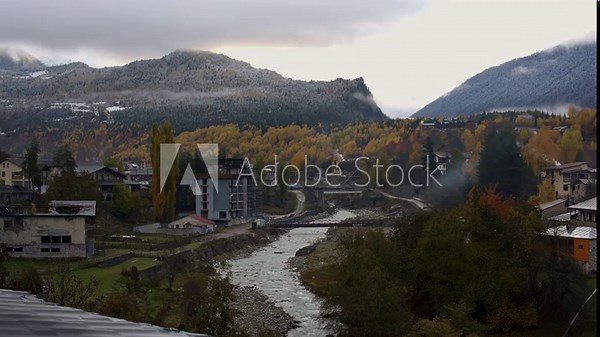 Mestia, Georgia: Landscape of village built next to mountain range and small fast river filmed in timelapse. Tranquil scene of caucasus countryside with amazing nature. Spend vacations in calm place