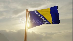 Flag of Bosnia and Herzegovina Waving in the wind, Sky and Sun Background, Slow Motion, Realistic Animation, 4K UHD 60 FPS Slow-Motion