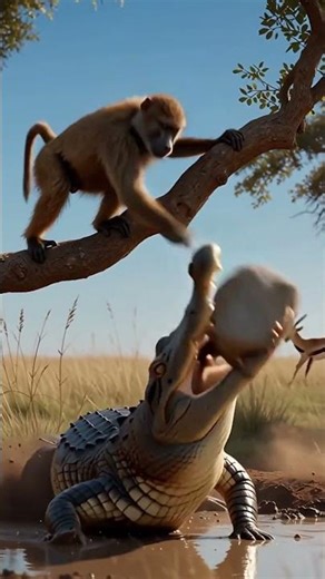 @树顶守婴】《草原孤援》- 母猴高空砸鳄，救回树下幼崽！#SavannaRescue #MonkeyGuardian