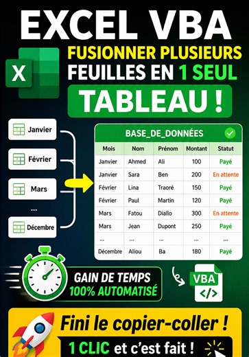 🚀 Marre de copier-coller les données de plusieurs feuilles Excel dans un seul tableau ? Dans cette vidéo, je vous montre comment utiliser une macro VBA pour consolider automatiquement toutes vos feuilles mensuelles (Janvier, Février, Mars…) dans une seule base de données en quelques secondes. ⚡ ✅ Gain de temps ✅ Zéro copier-coller ✅ Automatisation complète ✅ Idéal pour les suivis, paiements, ventes et productions 💬 Écrivez VBA en commentaire si vous souhaitez voir plus d’astuces d’automatisati