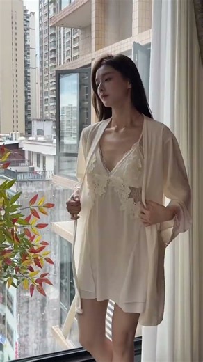 Elegant Cream Satin Robe with Delicate Lace | Luxury Nightwear #LuxuryNightwear #SatinRobe #1million