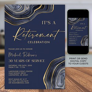 Retirement Party Invitation - Editable Work Retirement Invitation - Navy Blue and Gold - Digital Instant Download - Mens Womens 0300NBG - Etsy