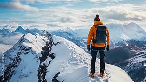 3d animation of a climber in a yellow jacket against the backdrop of a snow-capped mountain peak