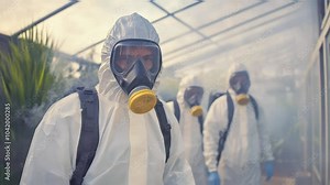 A team in protective suits carries out safety measures in a facility with hazardous materials