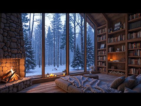 Cozy Winter Library Ambience❄️ Relaxing Jazz Music & Fireplace Sounds for Study, Work & Focus