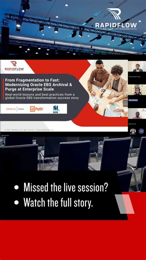 Rapidflow Inc on Instagram: "🔗 𝗪𝗮𝘁𝗰𝗵 𝘁𝗵𝗲 𝗳𝘂𝗹𝗹 𝘀𝗲𝘀𝘀𝗶𝗼𝗻 𝗵𝗲𝗿𝗲: https://bit.ly/oracle-ebs-archival-purge 📈 𝗗𝗮𝘁𝗮 𝗴𝗿𝗼𝘄𝘁𝗵 𝘀𝗵𝗼𝘂𝗹𝗱𝗻’𝘁 𝘀𝗹𝗼𝘄 𝘆𝗼𝘂𝗿 𝗯𝘂𝘀𝗶𝗻𝗲𝘀𝘀 𝗱𝗼𝘄𝗻. 🎯 In this expert-led session, 𝗥𝗮𝗽𝗶𝗱𝗳𝗹𝗼𝘄 walks through how a global enterprise modernized 𝗢𝗿𝗮𝗰𝗹𝗲 𝗘𝗕𝗦 𝗮𝗿𝗰𝗵𝗶𝘃𝗮𝗹 𝗮𝗻𝗱 𝗽𝘂𝗿𝗴𝗲 - handling complex dependencies, massive data volumes, and strict audit requirements with zero disruption. ⚙️ If performance, complia