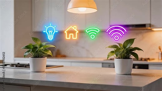 Smart kitchen with neon icons