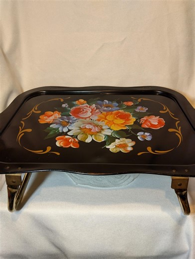 Vintage 1950's Toleware TV Tray Handpainted Metal Floral Flowers XL MCM - Etsy