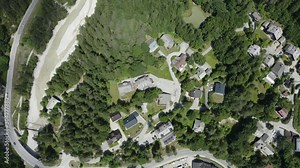 Bird eye view drone flying forward above lake Jasna in Kranjska Gora, Slovenia