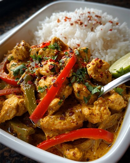 🍛 Creamy Chicken Curry with Bell Peppers & Basmati Rice 🌶️🍚 Prep Time: 15 minutes Cook Time: 25 minutes Servings: 2 Calories per serving: ~580 kcal 🛒 Ingredients: For the curry: 300g chicken breast, diced 1 red bell pepper, sliced 1 green bell pepper, sliced 1 onion, thinly sliced 2 garlic cloves, minced 1 tbsp curry powder (mild or hot) 1 tsp turmeric 200ml coconut milk (or heavy cream) 1 tbsp tomato paste 1 tbsp oil Salt & pepper to taste Chili flakes (optional) Fresh cilantro or parsley, 