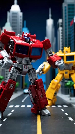 Miniature Transformers style toy cars transforming mid animation into robot toys firing laser weapo