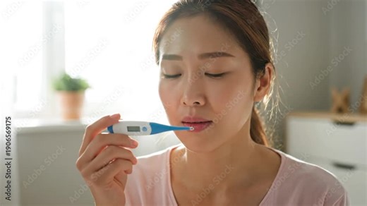 Woman taking oral temperature with thermometer indoors, checking for fever in her home, feeling sick and unwell