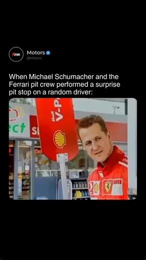 MOTORS on Instagram: "In the early 2000s, a Shell commercial turned an ordinary fuel stop into something unreal. Michael Schumacher and the Ferrari pit crew surprised a random driver at a normal petrol station. 😂 The full crew rushed in like a real race stop. Tyres were checked, the windscreen wiped, and fuel was handled with perfect speed while Schumacher watched calmly. Hidden cameras caught the shock and confusion. It showed how fame and precision can suddenly collide with everyday life in a