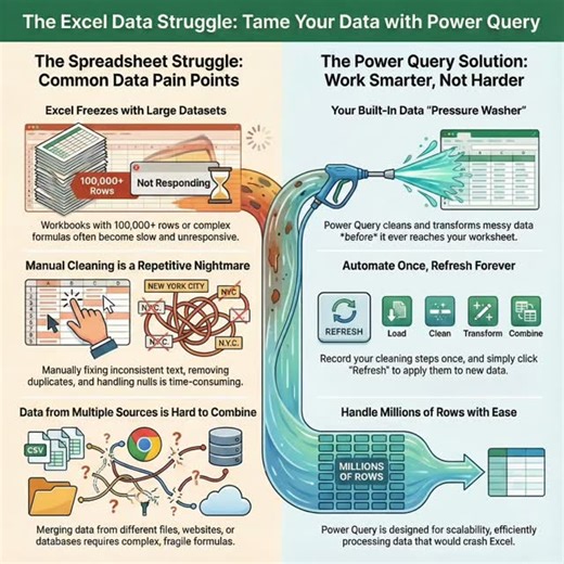 Tushar Dhumal on Instagram: "Still cleaning data by hand in 2026? 😫🛑 If you’ve ever spent your entire Sunday morning copy-pasting CSVs or manually fixing “NYC” vs “New York City,” this is your sign to stop. Excel isn’t broken—your workflow is. Power Query is like a pressure washer for your messy spreadsheets. 💦 It handles: ✅ 1,000,000+ rows without crashing. ✅ Automatic cleaning (Click ‘Refresh’ and you’re done). ✅ Merging files from folders, web, and databases in seconds. Stop the manual str