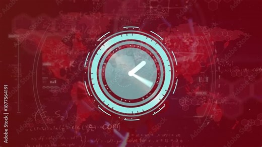 Animation of timer spinning over world map, biological cell with circular and molecule structures