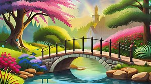 Download Ai generative, beautiful panorama in the garden with bridge and pond for free