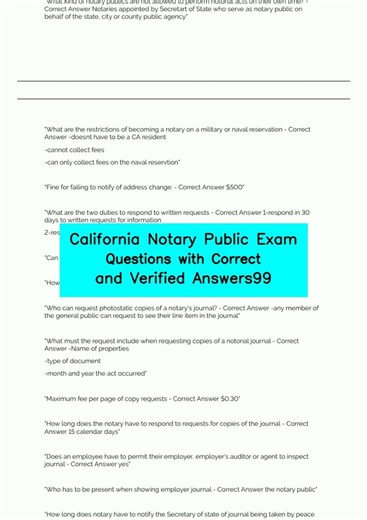 California Notary Public Exam Questions with Correct and Verified Answers99 video
