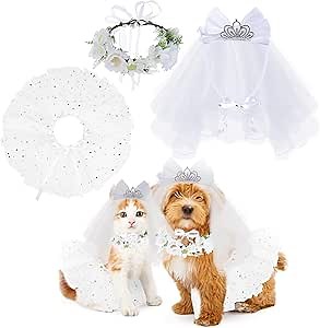 BINGPET Dog Wedding Outfit Dress,Doggy Cat Tutu Skirt with Dog Wedding Flower Collar and Crown Veil Set,Puppy Kitty Birthday Party Supplies,Dog Wedding Attire Bride Costume for Small Medium Dogs Cats