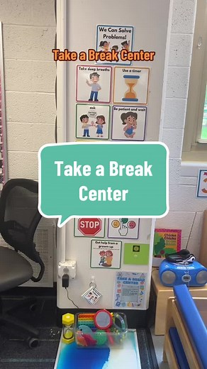 Check out my Take a Break Center! 🛑 A hub for self-regulation and emotional learning! We've got a 3-min sand timer ⏳, emotions mirror 🪞, and sensory toys 🧸. Our problem-solving cards, available on my website, are a game-changer! #TakeABreak #SelfRegulation #EmotionalLearning #ProblemSolving #SensoryToys #PreschoolMindfulness #PreschoolVibes