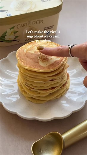 🥞 Let’s make the viral ice cream pancakes recipe for Pancake Day! Just 3 ingredients will get you these delicious, fluffy American-style pancakes: 1 cup Vanilla Carte D’or ice cream 1 cup Self-raising flour 1 egg Lightly grease a pan with oil and add your batter to the pan. Once holes appear in the surface it’s time to get flipping! Top with another scoop of Carte D’or and enjoy. #pancakeday #pancakes #icecream #easyrecipe | Carte D’Or
