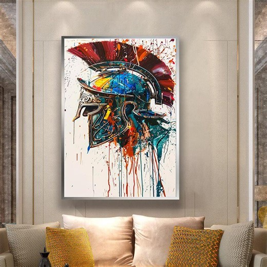 Colorful Spartan Warrior Helmet Art Print, Vibrant Abstract Soldier Painting, Modern Bold Canvas Wall Decor - Etsy