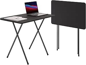 TATOZA Folding TV Tray Table, 2.6-Foot TV Dinner Folding Table for Small Space Eating of 4 with Stand, Dinner Foldable Side Desk with Wooden Top and Metal Frame(Black), 19.7*31.5*27.56 inch (FT001)