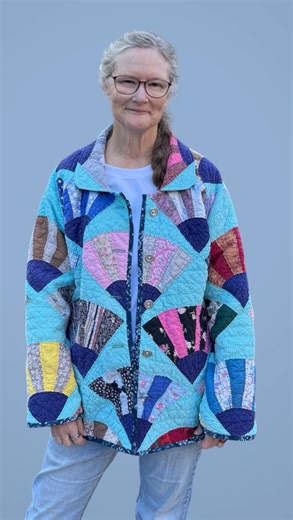 Button Up Jacket made from a “Grandmother’s Fan” Patchwork Style Antique Quilt #vintagestyle #quiltcoat #wearableart #bohostyle #patchworkjacket | Quilted Clothing