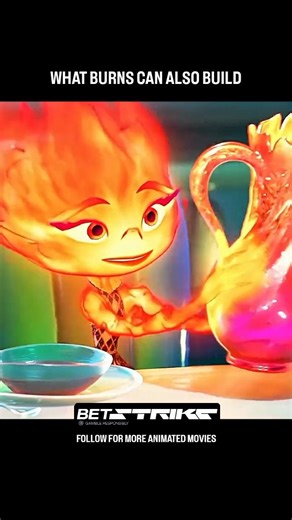 Blockbuster Toons on Instagram: "🎬 Movie: Elemental (2023) 🎥 Scene: At a family dinner, Ember accidentally melts a glass pitcher while trying to help — but instead of breaking it, she reshapes it into a glowing work of art. 📖 Summary: In Element City, every element grows up being told exactly what they’re supposed to be. Water flows. Air drifts. Earth stands firm. And fire? Fire is expected to stay controlled — or be feared. Ember has spent her whole life trying not to burn too hot, trying no